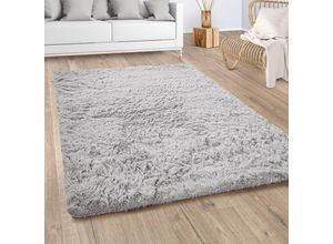 4061981175145 - Hochflor Teppich Wohnzimmer Fellteppich Kunstfell Flauschig Rutschfest Silber Grau 140x200 cm - Paco Home