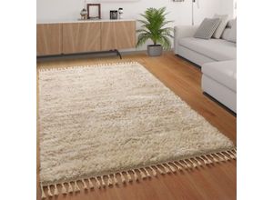 4061981179785 - Hochflor Teppich Wohnzimmer Shaggy Langflor Flokati Optik Mit Fransen Meliert Beige 200 cm Rund - Paco Home