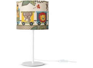 4061981180262 - Paco Home Tischlampe Kinderzimmer Nachtisch Lampe Stoffschirm Wandleuchte RundTiere Tischleuchte - Weiß Design 2 (Ø18 cm)