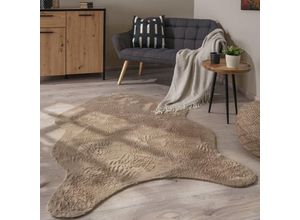 4061981183799 - Paco Home Teppich Wohnzimmer Kurzflor Modernes Kunstfell Fellform Weich Einfarbig Rutschfest Beige 80x120 cm Fell-Form