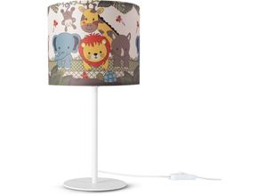 4061981185199 - Tischlampe Kinderzimmer Nachtisch Lampe Stoffschirm Wandleuchte RundTiere Tischleuchte - Weiß Design 1 (Ø18 cm) - Paco Home