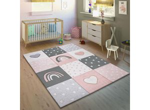 4061981186981 - Kinderteppich Kinderzimmer Teppich Kurzflor Regenbogen Herz Punkte Rosa Weiß 120x170 cm - Paco Home