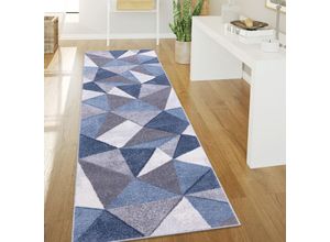 4061981191237 - Paco Home Teppich Wohnzimmer Kurzflor Vintage Abstrakt Modern Geometrisch Rautenmuster 80x300 cm Blau