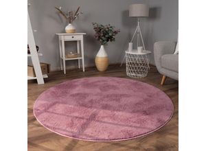 4061981191602 - Teppich Wohnzimmer Kunstfell Shaggy Hochflor Waschbar In Waschmaschine Soft Uni Rosa Mauve 120 cm Rund - Paco Home