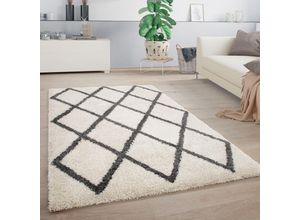 4061981192340 - Hochflor Teppich Wohnzimmer Shaggy Skandinavisch Muster Raute Weiß Anthrazit 60x100 cm - Paco Home