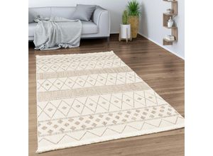 4061981197680 - Teppich Wohnzimmer Esszimmer Boho Rauten Muster Geometrisch Mit Fransen Modern 120 cm Rund Creme - Paco Home
