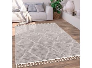 4061981198588 - Teppich Wohnzimmer Kurzflor Boho Ethno Skandinavisches Rautenmuster 3D Fransen 240x340 cm Grau 3 - Paco Home