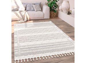 4061981198618 - Teppich Wohnzimmer Kurzflor Boho Ethno Skandinavisches Rautenmuster 3D Fransen 80x150 cm Creme 3 - Paco Home