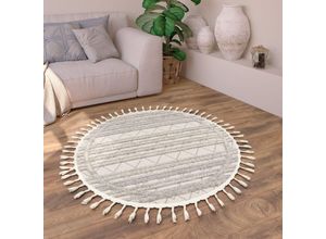 4061981198670 - Teppich Wohnzimmer Kurzflor Boho Ethno Skandinavisches Rautenmuster 3D Fransen 160 cm Rund Creme 3 - Paco Home