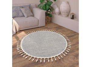 4061981198878 - Teppich Wohnzimmer Kurzflor Boho Ethno Skandinavisches Rautenmuster 3D Fransen 120 cm Rund Grau 2 - Paco Home