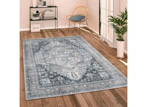 4061981205989 - Teppich Wohnzimmer Flachgewebe Vintage Orient Ornamente Bordüre Waschbar 140x200 cm Grau 2 - Paco Home