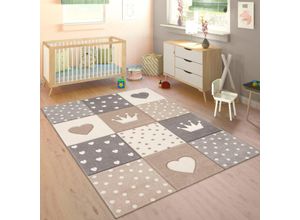 4061981207587 - Teppich Kinderzimmer Kinderteppich Junge Mädchen Pastell 3D Punkte Herz Beige 140x200 cm - Paco Home