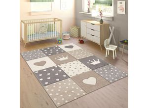 4061981207600 - Paco Home Teppich Kinderzimmer Kinderteppich Junge Mädchen Pastell 3D Punkte Herz Beige 160x230 cm