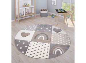 4061981208317 - Teppich Kinderzimmer Kinderteppich Spielteppich Pastell 3D Regenbogen Herz Punkte 120 cm Rund Beige 2 - Paco Home