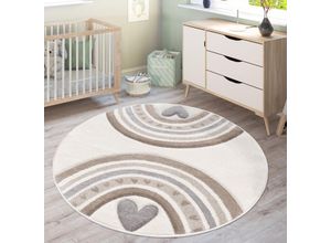 4061981208416 - Teppich Kinderzimmer Kinderteppich Spielteppich Pastell 3D Regenbogen Herz Punkte Beige 120 cm Rund - Paco Home