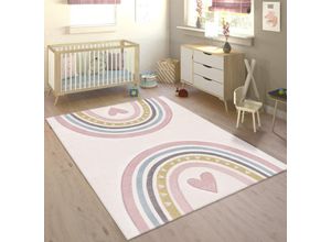 4061981208461 - Teppich Kinderzimmer Kinderteppich Spielteppich Pastell 3D Regenbogen Herz Punkte 120x170 cm Pink - Paco Home