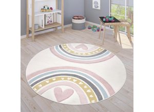 4061981208522 - Teppich Kinderzimmer Kinderteppich Spielteppich Pastell 3D Regenbogen Herz Punkte Pink 160 cm Rund - Paco Home