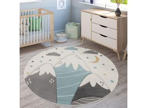 4061981208560 - Teppich Kinderzimmer Kinderteppich Spielteppich Pastell 3D Berge Wolken Sterne 200 cm Rund Creme - Paco Home