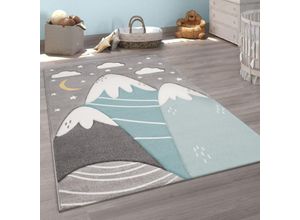 4061981208584 - Teppich Kinderzimmer Kinderteppich Spielteppich Pastell 3D Berge Wolken Sterne 120x170 cm Grau-Blau - Paco Home