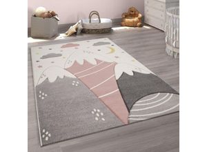 4061981208690 - Teppich Kinderzimmer Kinderteppich Spielteppich Pastell 3D Berge Wolken Sterne 140x200 cm Pink - Paco Home