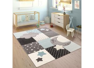 4061981208881 - Kinderteppich Kinderzimmer Kariert Punkte Wolken Sterne In Pastell Blau Grau 120 cm Rund - Paco Home