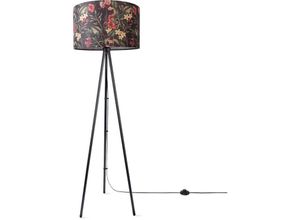 4061981216961 - Stehlampe Wohnzimmer Deko Büro Dreibein Lampenschirm Rund Stoff Blumen Jungle Design 5 (Ø455 cm) Stehleuchte Dreinbein - Schwarz - Paco Home