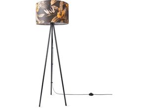 4061981216978 - Paco Home Stehlampe Wohnzimmer Deko Büro Dreibein Lampenschirm Rund Stoff Blumen Jungle Design 6 (Ø455 cm) Stehleuchte Dreinbein - Schwarz