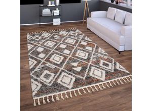 4061981220371 - Hochflor Teppich Wohnzimmer Shaggy Boho Modern Skandi Rauten Fransen 200x280 cm Bunt - Paco Home