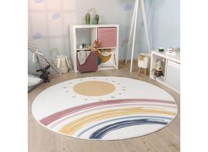 4061981226236 - Kinderteppich Teppich Kinderzimmer Rund Waschbar Bis 30 Grad Sonne Regenbogen Weiß 160 cm Rund - Paco Home