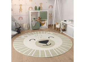 4061981226335 - Kinderteppich Teppich Kinderzimmer Rund Waschbar Bis 30 Grad Löwenkopf Bärenkopf Beige ø 100 cm Rund - Paco Home