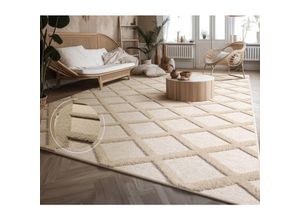 4061981228704 - Teppich Wohnzimmer Schlafzimmer Kurzflor Boho Skandi Raute 3D Grau Anthrazit 80x150 cm Beige - Paco Home