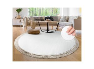 4061981231537 - Paco Home Teppich Rund Wohnzimmer Kinderzimmer Hochflor Rutschfest Einfarbig Fransen Weich Ø 100 cm Rund Creme