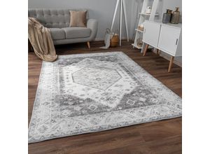 4061981231728 - Teppich Wohnzimmer Kurzflor Rutschfest Weich Orientalisch Bordüre Ornament 80x150 cm Grau 2 - Paco Home
