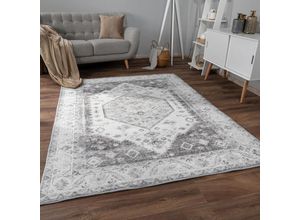 4061981231735 - Teppich Wohnzimmer Kurzflor Rutschfest Weich Orientalisch Bordüre Ornament 120x160 cm Grau 2 - Paco Home