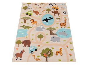 4061981235948 - Teppich Kinderzimmer Kinderteppich Spielteppich Dschungel Rutschfest Creme Grün 140x200 cm - Paco Home