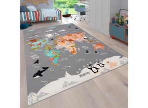 4061981236068 - Kinderteppich Bino 581 Teppiche Gr B L 200 cm x 290 cm 4 mm 1 St grau Kinder Kinderzimmerteppiche Spielteppich Motiv Weltkarte & Tiere Kinderzimmer