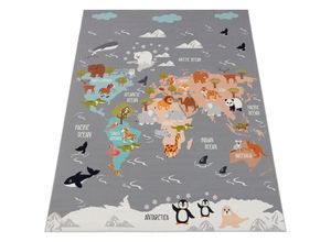 4061981236075 - Kinderteppich Bino 581 Teppiche Gr B L 240 cm x 340 cm 4 mm 1 St grau Kinder Kinderzimmerteppiche Spielteppich Motiv Weltkarte & Tiere Kinderzimmer