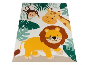 4061981236129 - Teppich Kinderzimmer Kinderteppich Zootiere Rutschfest Beige Blau Grün 100x200 cm - Paco Home