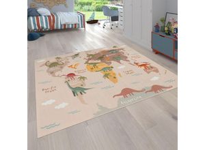 4061981236280 - Teppich Kinderzimmer Kinderteppich Dinosauriert Welt Rutschfest Beige Braun Grün 160 cm Rund - Paco Home