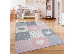 4061981236358 - Teppich Kinderzimmer Kinderteppich Kurzflor Rutschfest Herzen Sonne Regenbogen 120x160 cm Creme Rosa Grau - Paco Home