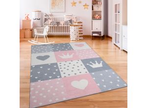 4061981236365 - Kinderteppich Eliz 391 Teppiche Gr B L 140 cm x 200 cm 12 mm 1 St pink Kinder Kinderzimmerteppiche Kurzflor Spielteppich Patchwork-Muster Motiv Krone Herz & Punkte