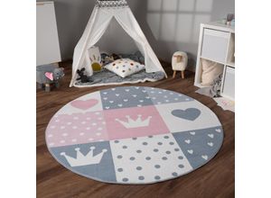 4061981236402 - Teppich Kinderzimmer Kinderteppich Kurzflor Rutschfest Herzen Sonne Regenbogen 160 cm Rund Creme Rosa Grau - Paco Home