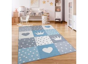 4061981236518 - Kinderteppich Eliz 391 Teppiche Gr B L 140 cm x 200 cm 12 mm 1 St blau Kinder Kinderzimmerteppiche Kurzflor Spielteppich Patchwork-Muster Motiv Krone Herz & Punkte