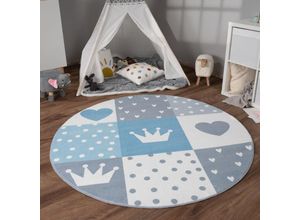 4061981236563 - Teppich Kinderzimmer Kinderteppich Kurzflor Rutschfest Herzen Sonne Regenbogen Blau 160 cm Rund - Paco Home