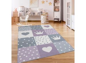 4061981236587 - Kinderteppich Eliz 391 Teppiche Gr B L 120 cm x 160 cm 12 mm 1 St lila Kinder Kinderzimmerteppiche Kurzflor Spielteppich Patchwork-Muster Motiv Krone Herz & Punkte