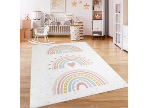 4061981236655 - Teppich Kinderzimmer Kinderteppich Kurzflor Rutschfest Herzen Sonne Regenbogen 80x150 cm Rosa 2 - Paco Home