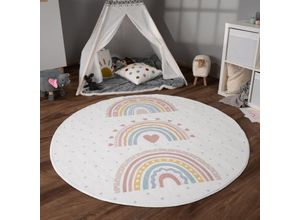 4061981236716 - Teppich Kinderzimmer Kinderteppich Kurzflor Rutschfest Herzen Sonne Regenbogen 120 cm Rund Rosa 2 - Paco Home