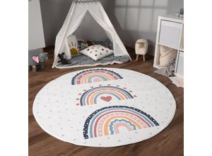 4061981236792 - Teppich Kinderzimmer Kinderteppich Kurzflor Rutschfest Herzen Sonne Regenbogen 120 cm Rund Bunt 2 - Paco Home