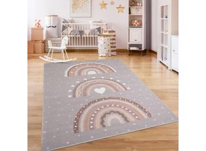 4061981236815 - Teppich Kinderzimmer Kinderteppich Kurzflor Rutschfest Herzen Sonne Regenbogen 80x150 cm Grau-Beige - Paco Home