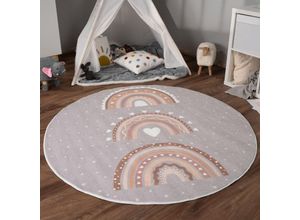 4061981236877 - Teppich Kinderzimmer Kinderteppich Kurzflor Rutschfest Herzen Sonne Regenbogen 120 cm Rund Grau-Beige - Paco Home